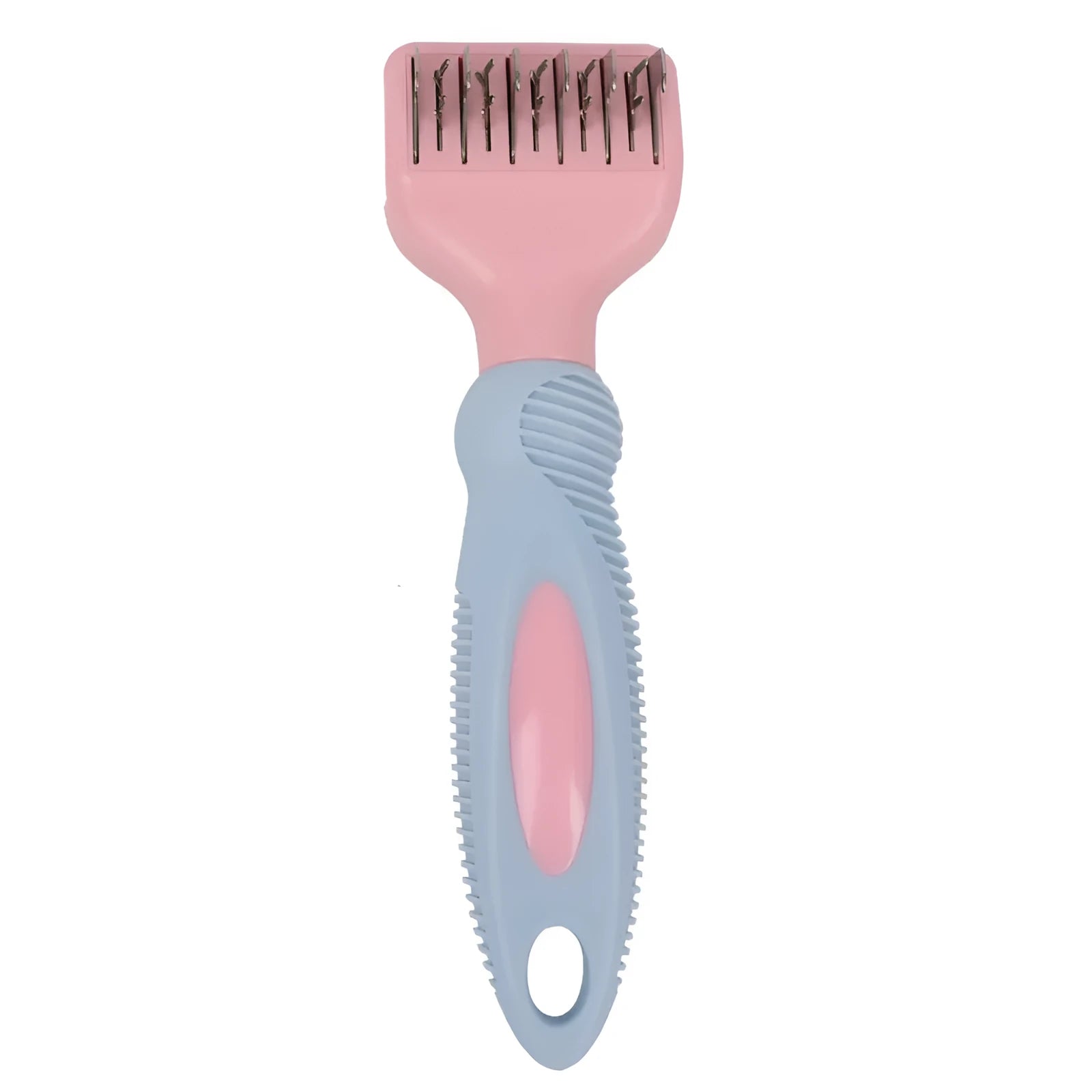 Pink pet grooming comb with stainless steel knot knife, massage brush head, and comb teeth on a white background.