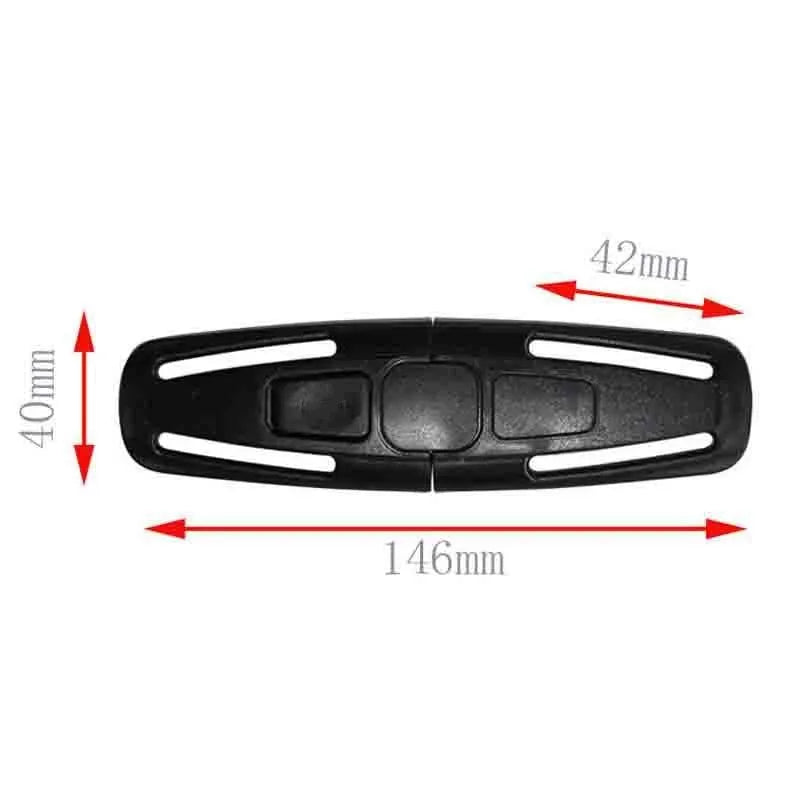 Black nylon child safety seat belt buckle clip measuring 14.5 by 4 centimetres