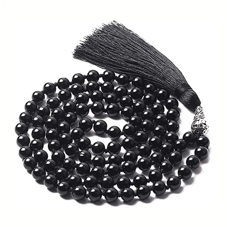 Geometric agate tassel necklace in a choice of ten colours including blue stone and amethyst, shown at full 95-100cm length.