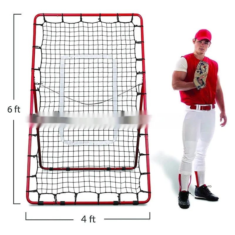 Red adjustable metal baseball training net set up for practice.