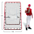 Red adjustable metal baseball training net set up for practice.