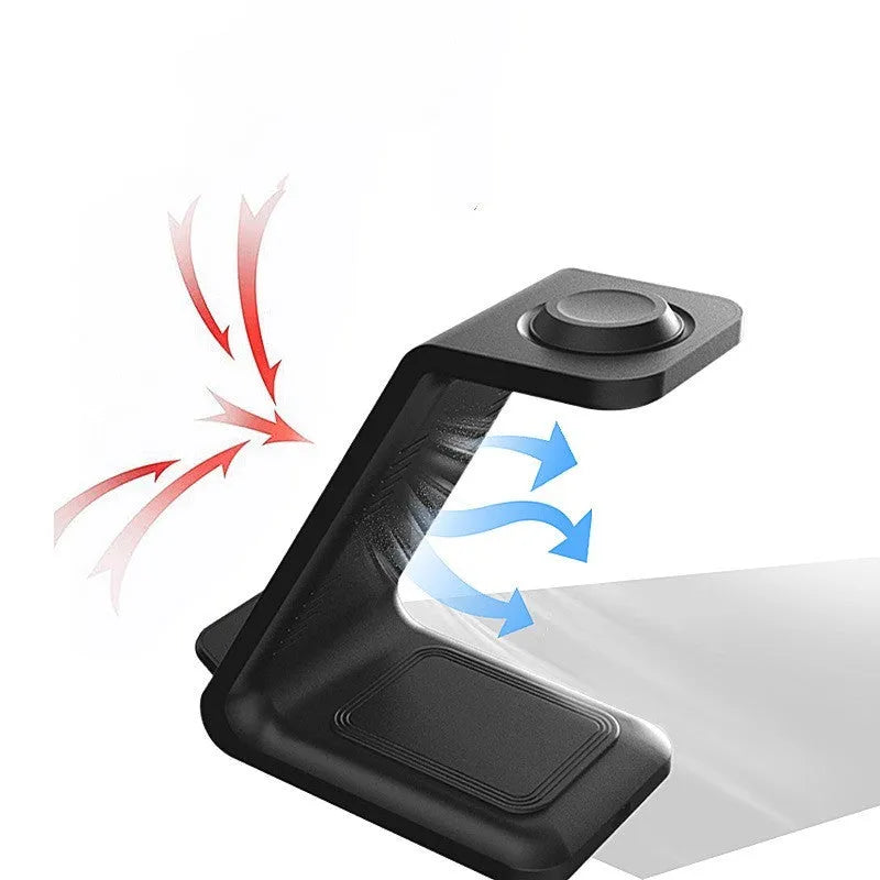 Black upright wireless phone charger with holder displaying mobile phone at angle for charging and viewing
