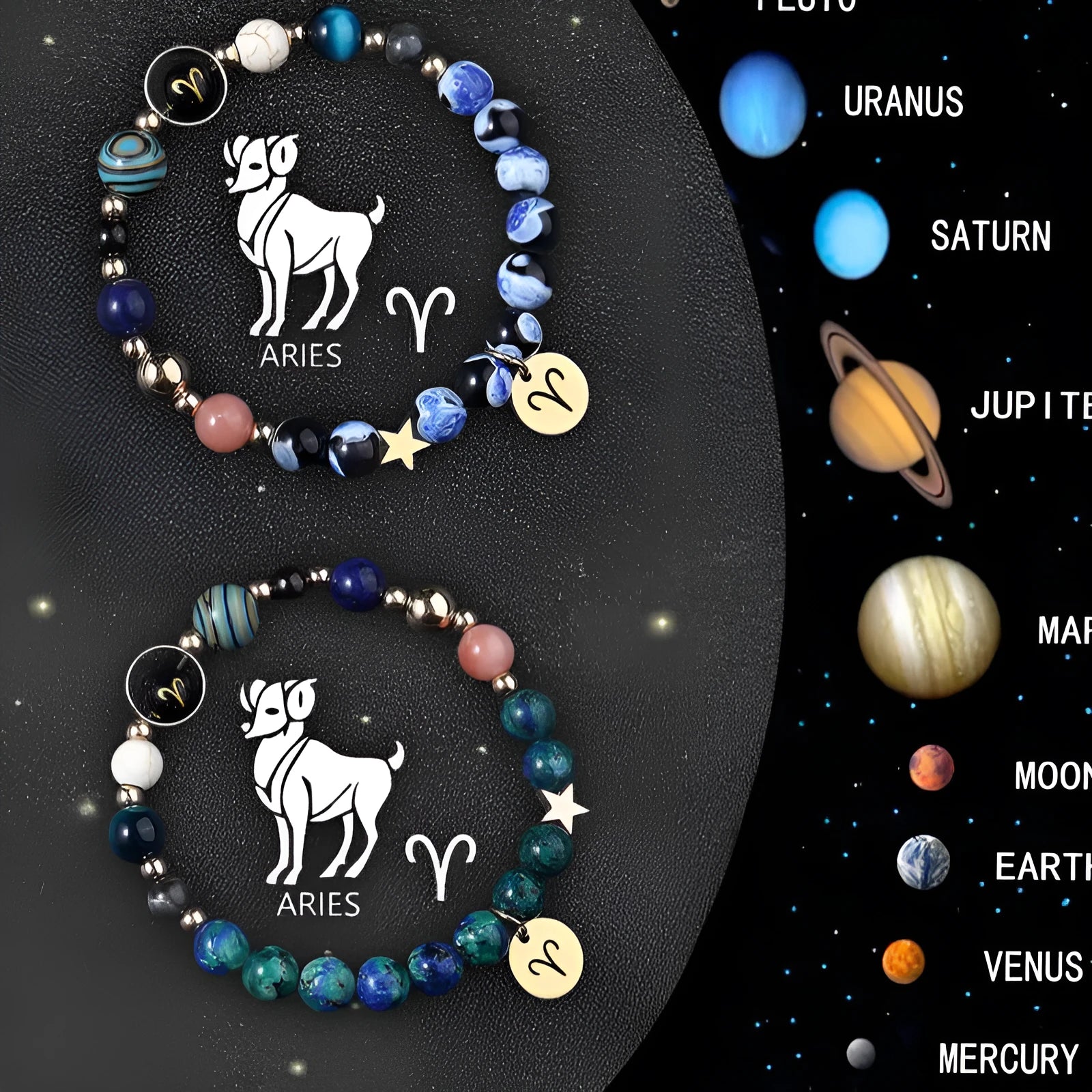 Set of two natural stone beaded zodiac bracelets on a stretch elastic cord.