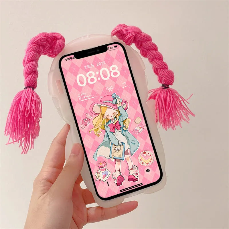 Pink and green silicone iPhone case with cartoon girl in swimsuit design for iPhone 11, 12, 13, 14 models.