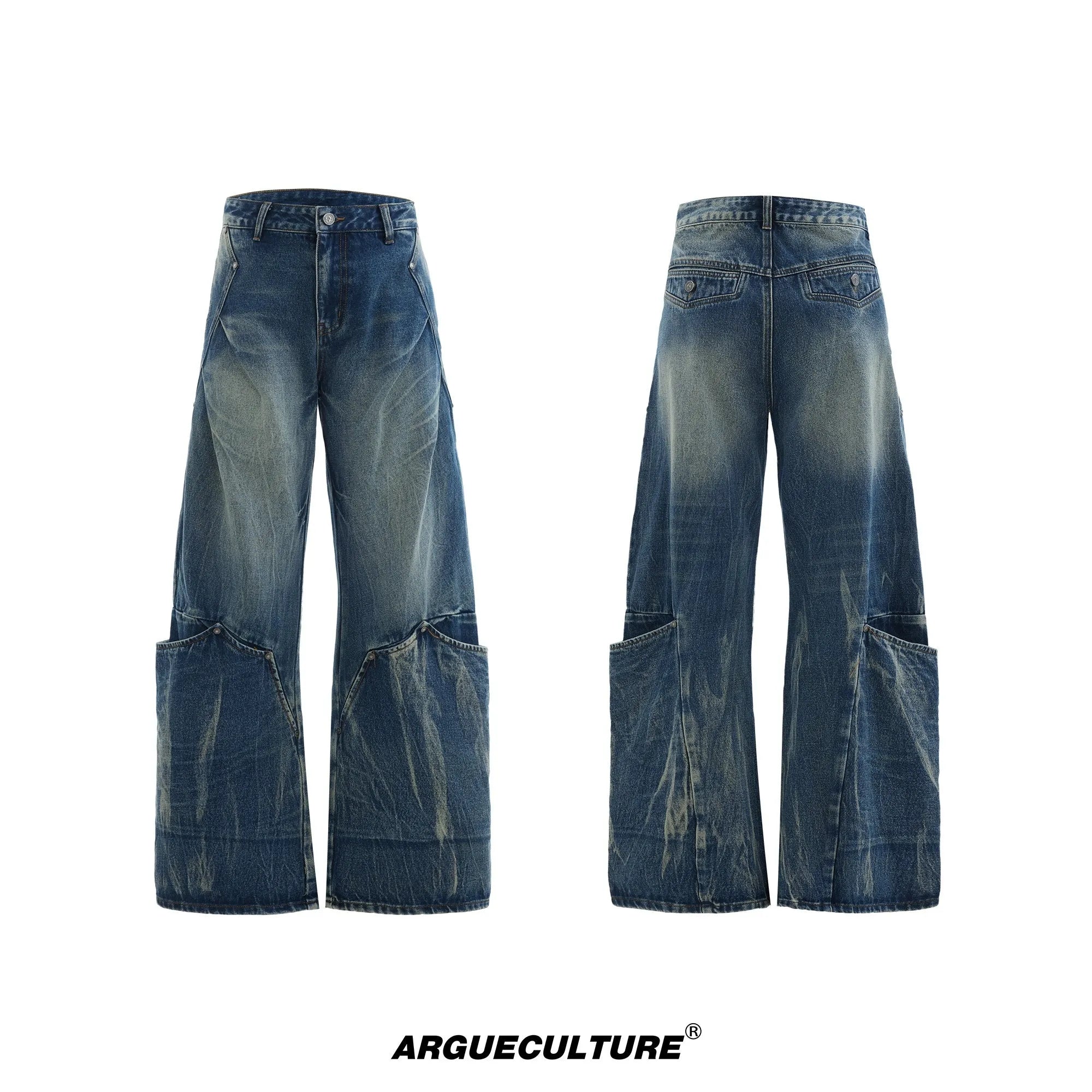Men's verdant blue curved knife jeans with washed burst pattern and loose fit design