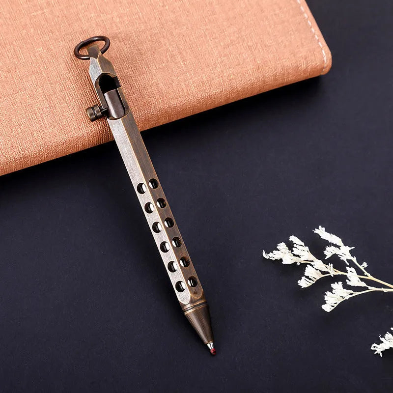 Brass hexagon bolt pen with six-angle design and 0.5mm tip, shown with brass natural and retro black ink options.