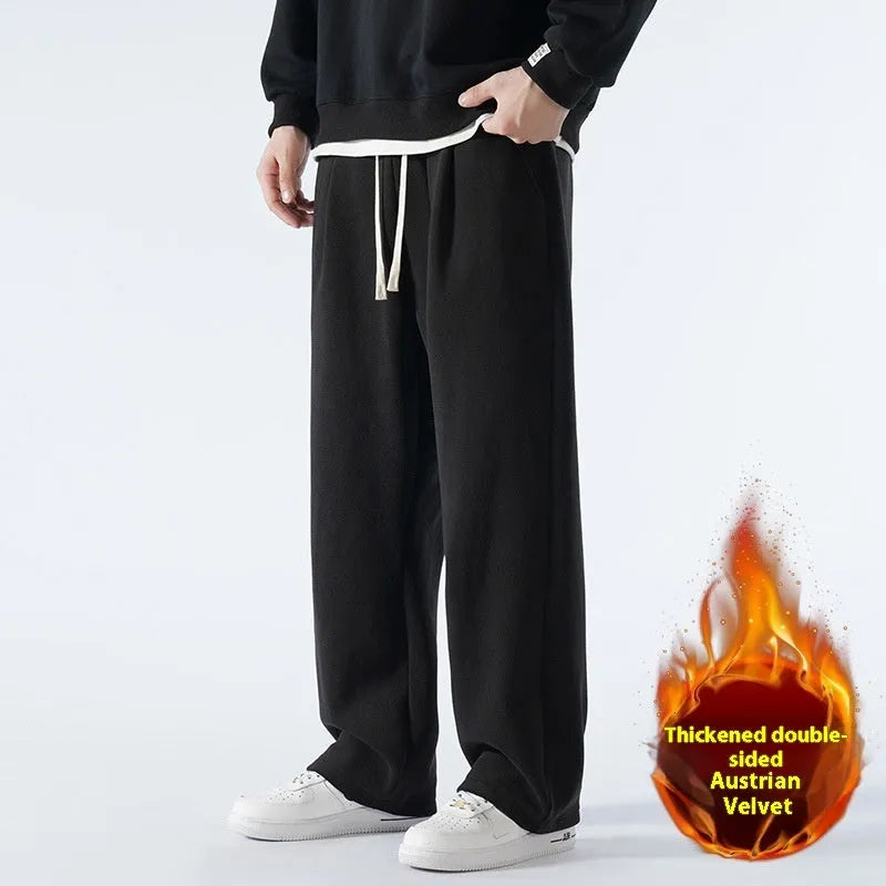 Men's double-sided polar fleece winter sports pants with wool lining in loose Korean style fit