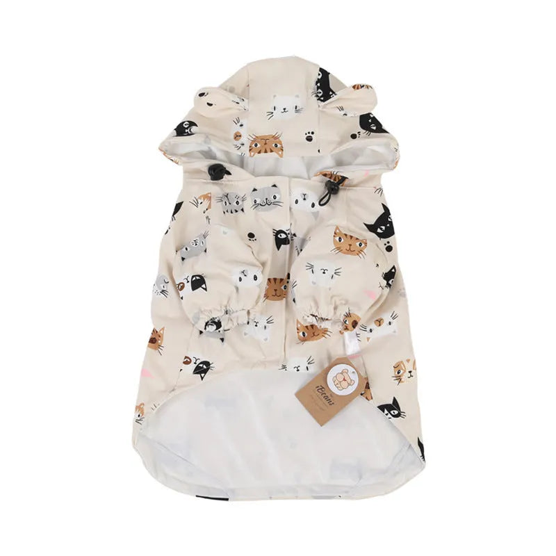 Cartoon dog raincoat with double waterproof coating in beige colour with cat head design
