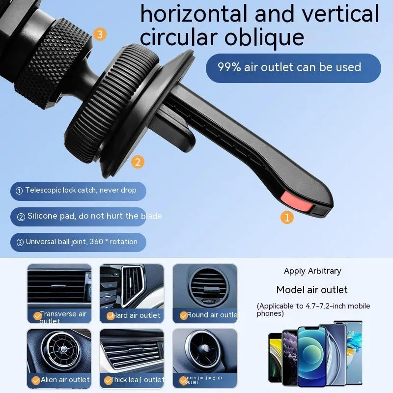 Invisible aluminum alloy car mobile phone holder showing knob air vent clip and adhesive paste mounting options.
