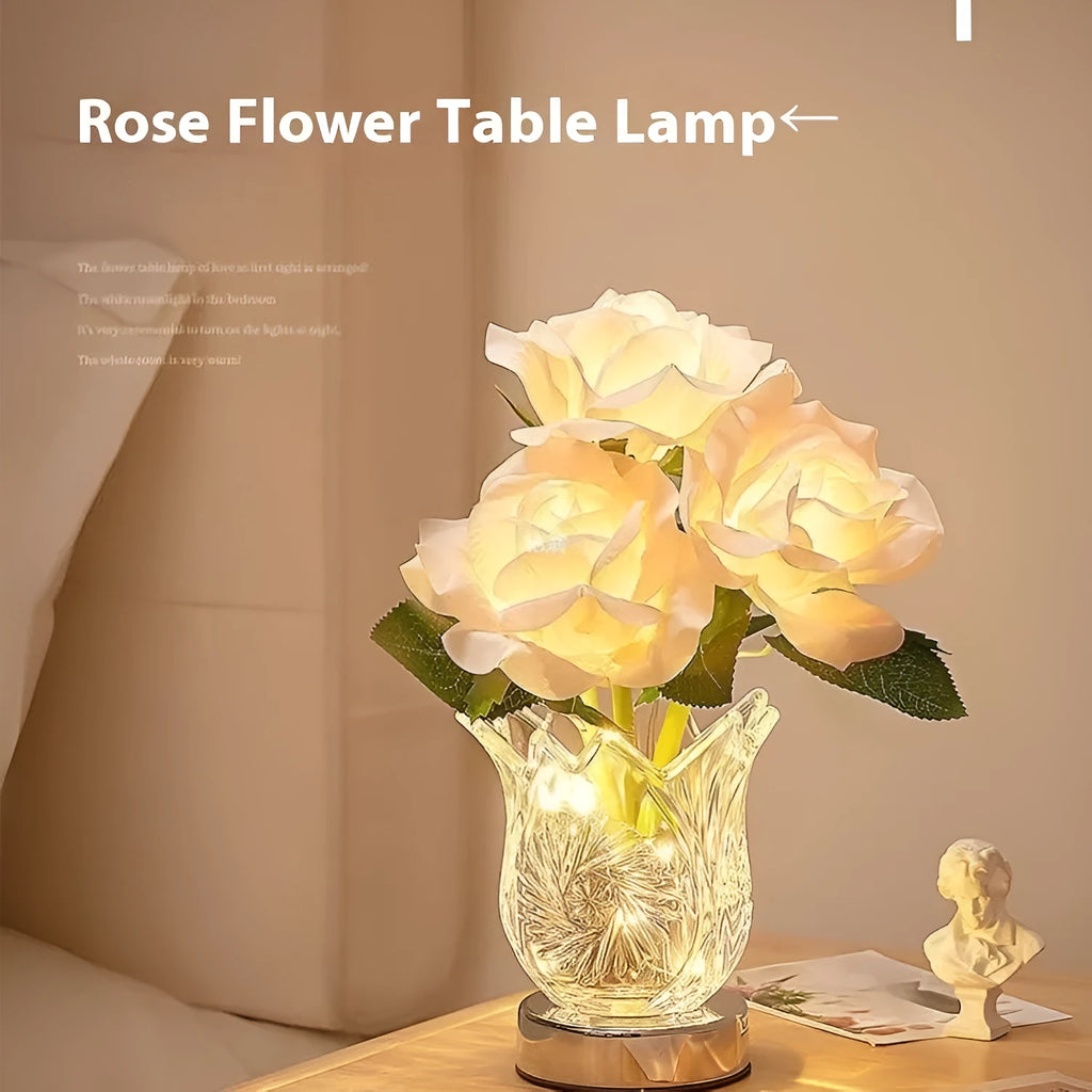 Modern crystal flowers bedside table lamp with USB charging port and touch-sensitive dimming control.