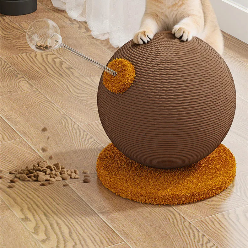 Cat scratch board with hemp rope surface, shown with either a grasping ball or tumbler toy.