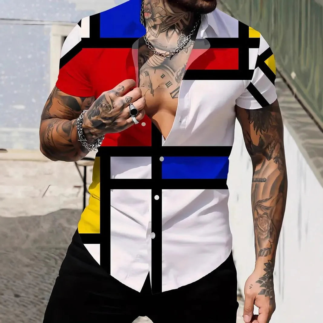Men's slim fit geometric line print short sleeve lapel shirt in polyester on a mannequin.