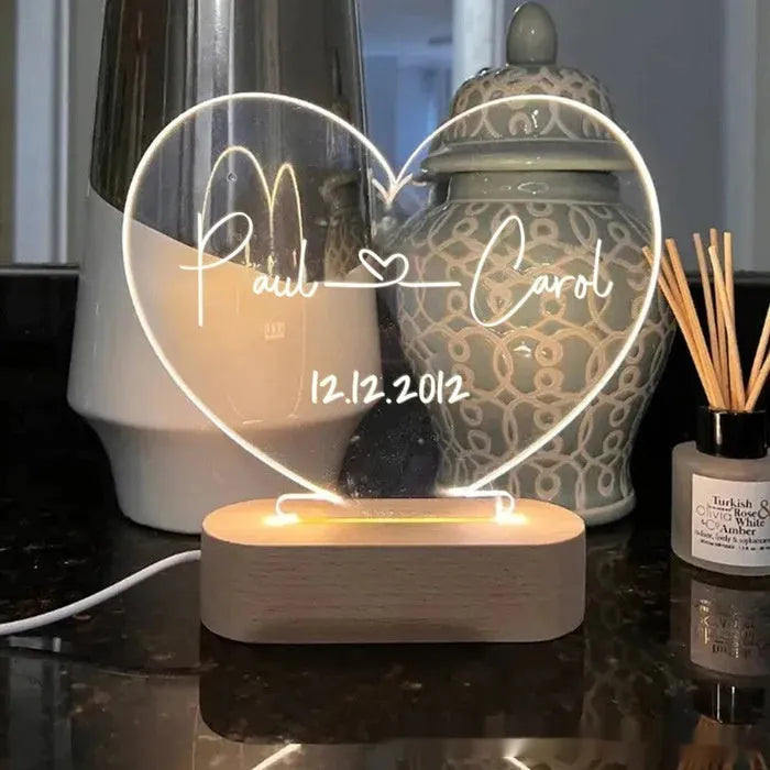 Custom acrylic LED night light with personalised names and dates, 20cm tall modern design