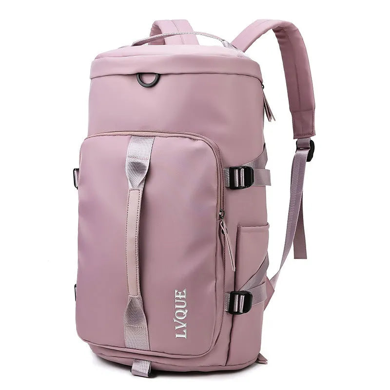 Black waterproof nylon backpack with combination lock, shown as a backpack and shoulder bag, featuring multiple pockets.