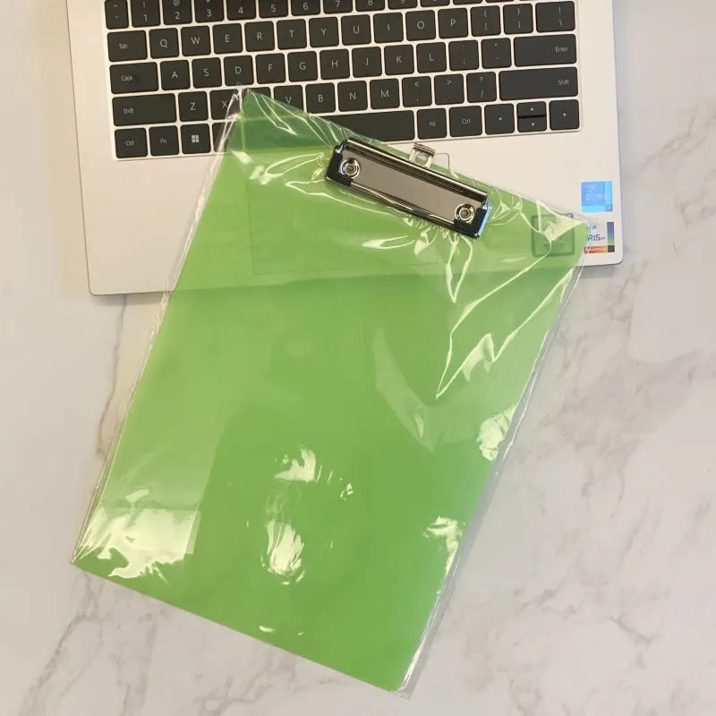 A4 transparent plate holder writing board with metal clip holding A4 document