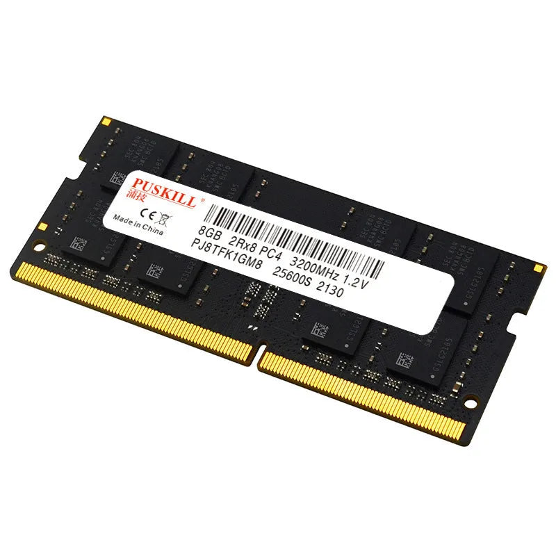 Single DDR4 laptop memory bar (SODIMM) for RAM upgrade, 260-pin, showing label with capacity and speed.