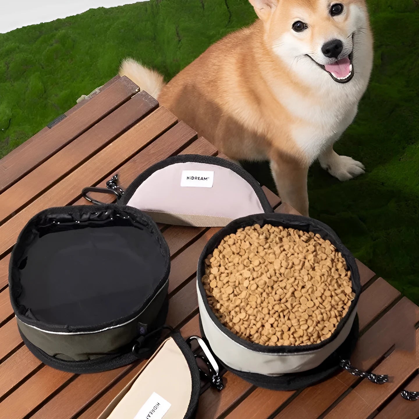Folding pet water bowl in khaki colour with 1000ml capacity made from nylon waterproof cloth