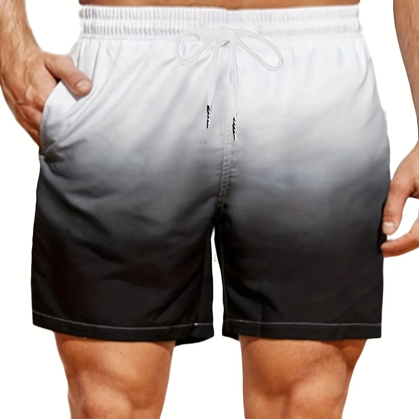 Men's gradient colour 3D printed mesh sports shorts showing elastic fabric and shorts length.