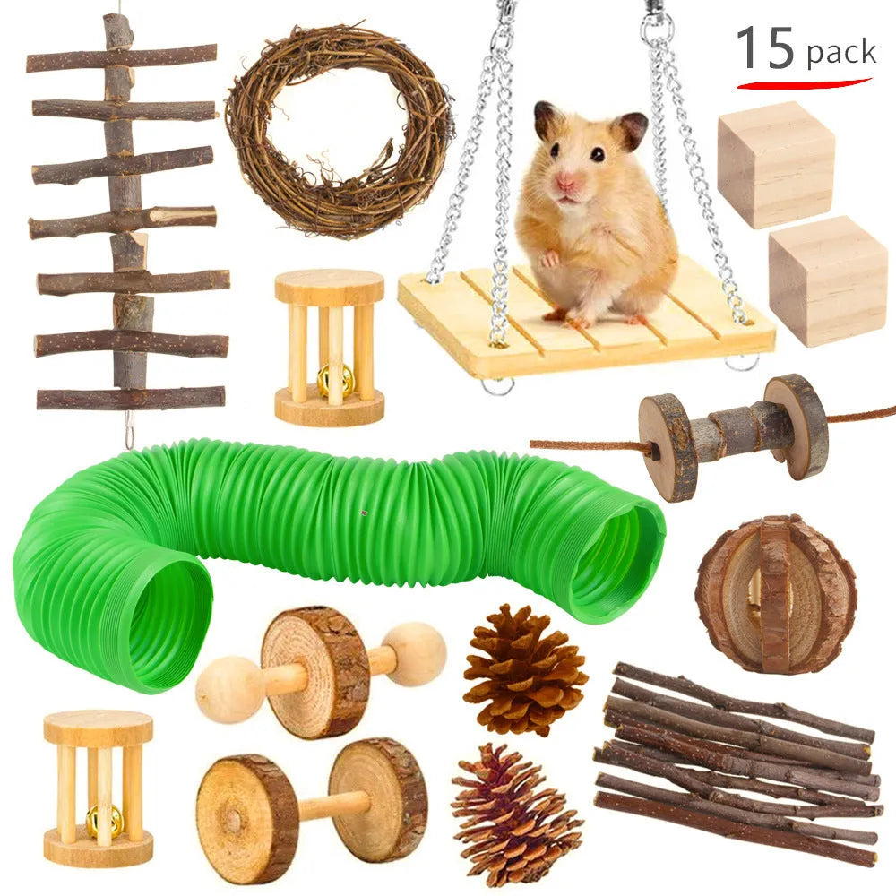 Assortment of wooden pet toys for rabbits guinea pigs and parrots in a set