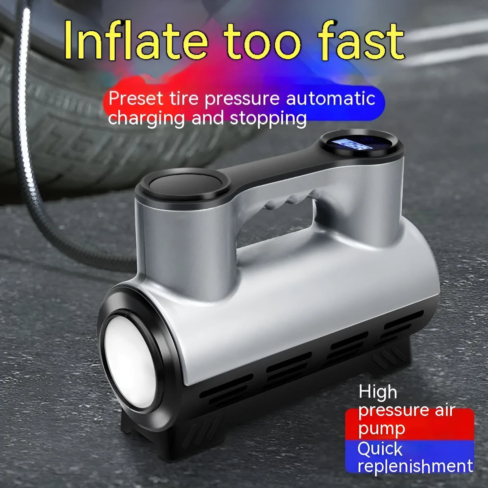 12V portable car tyre inflator pump with digital display, three air nozzles, and LED light on a black ABS body