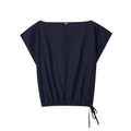 Women's two-piece set with off-neck flounced sleeve top and wide leg trousers in blended polyester fabric