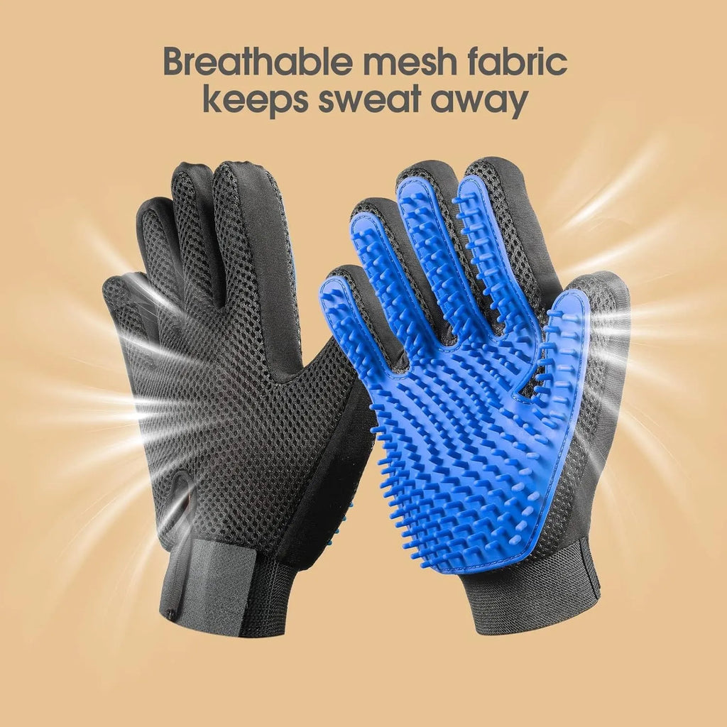 Blue pet grooming gloves with silicone tips for dogs cats horses shedding control
