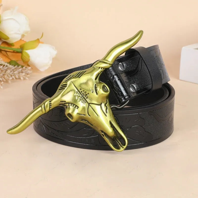 Men's black cow head buckle belt with detailed alloy casting on an imitation leather strap.
