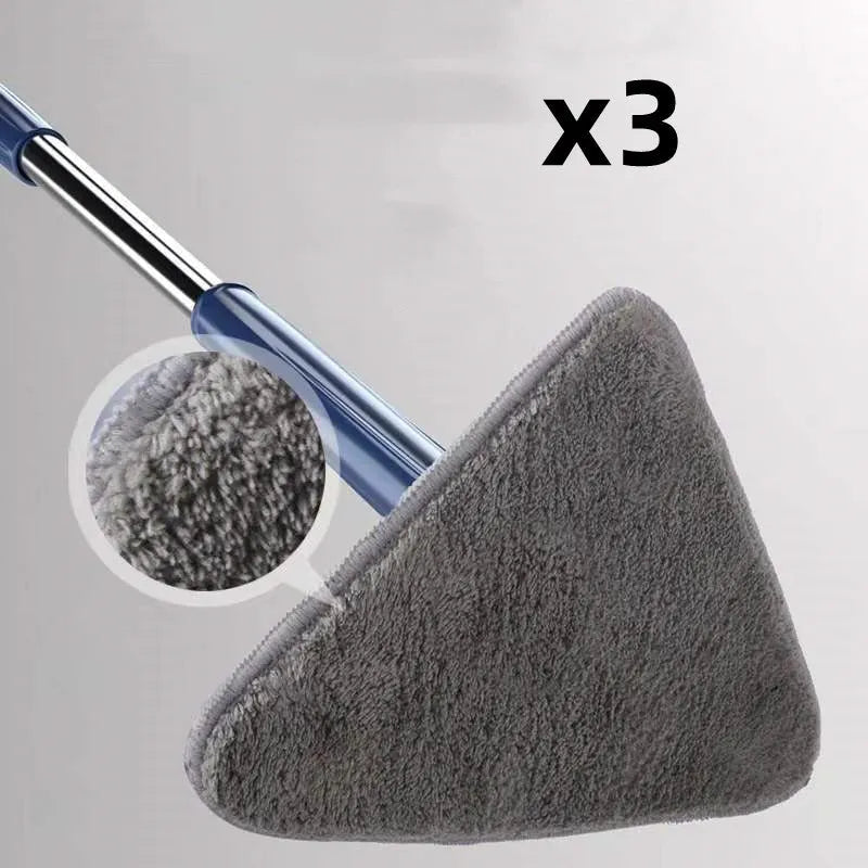 Blue triangle cleaning mop with extendable stainless steel pole and 360-degree rotating head