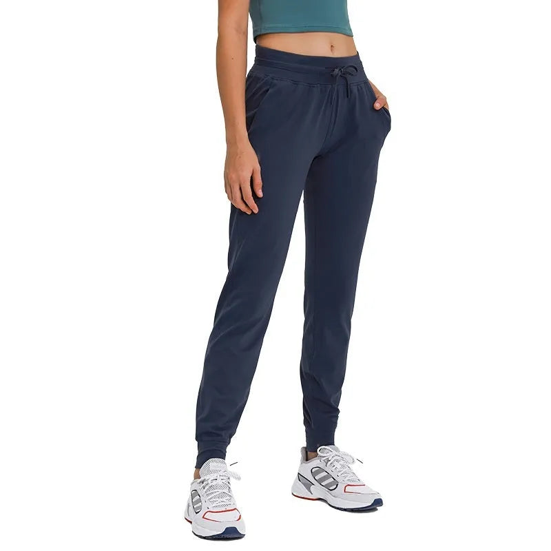 Women's high waist yoga pants in cotton blend fabric with drawstring waist in Belgian Blue colour
