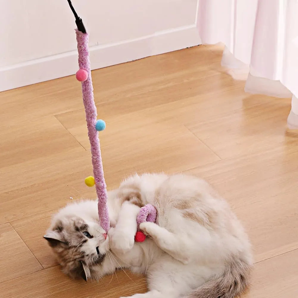 Blue interactive cat wand toy with plush strip, fluffy ball, and bell on a 41cm pole.