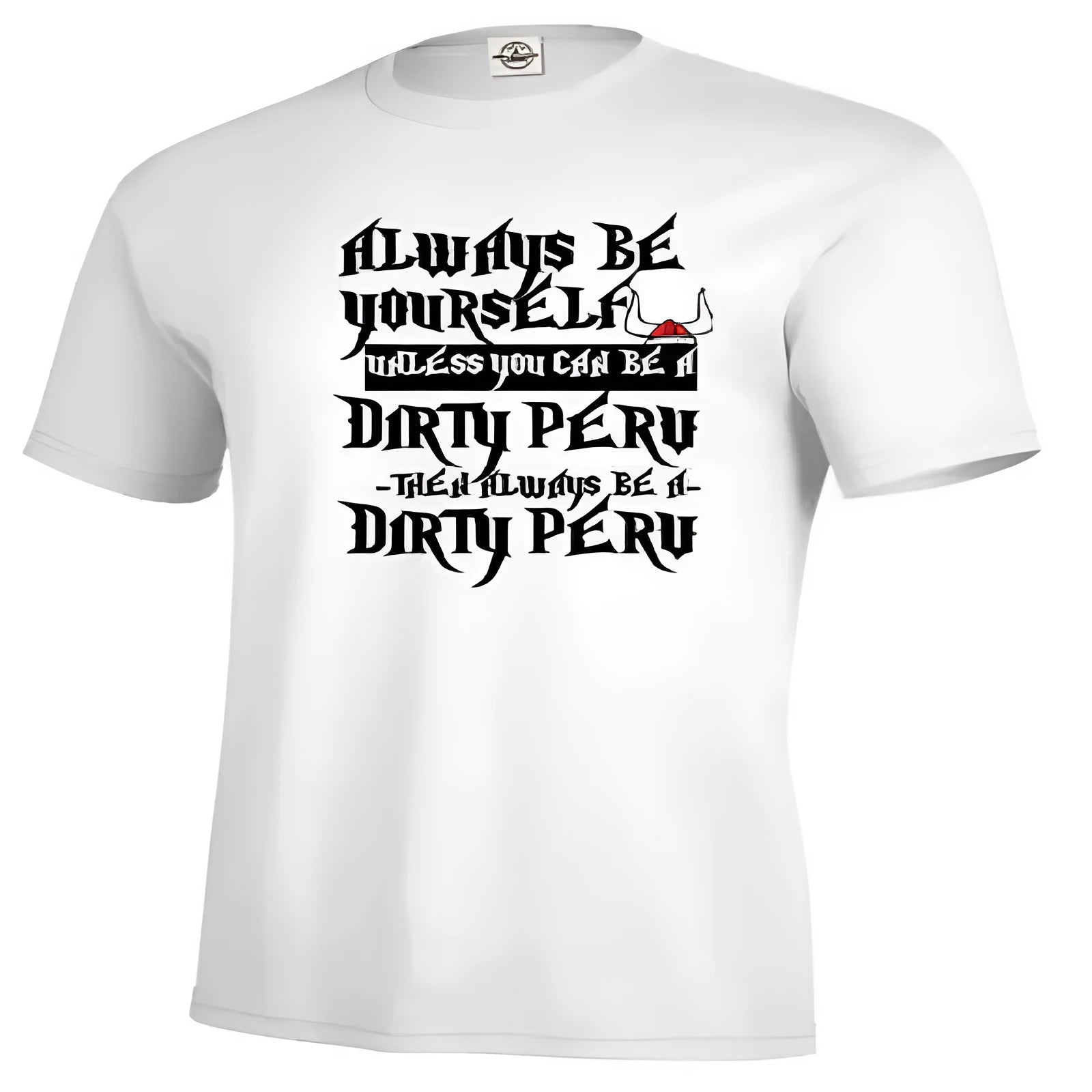 Men's solid white short sleeve t-shirt with a printed graphic, laid flat.