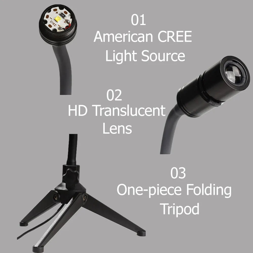 Earth and moon LED projector lamp on its adjustable hose bracket, showing USB cable.