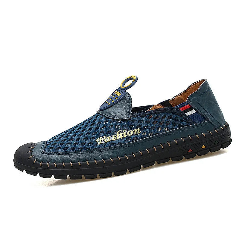 Men's solid-colour casual mesh shoes with a round toe and non-slip rubber sole.