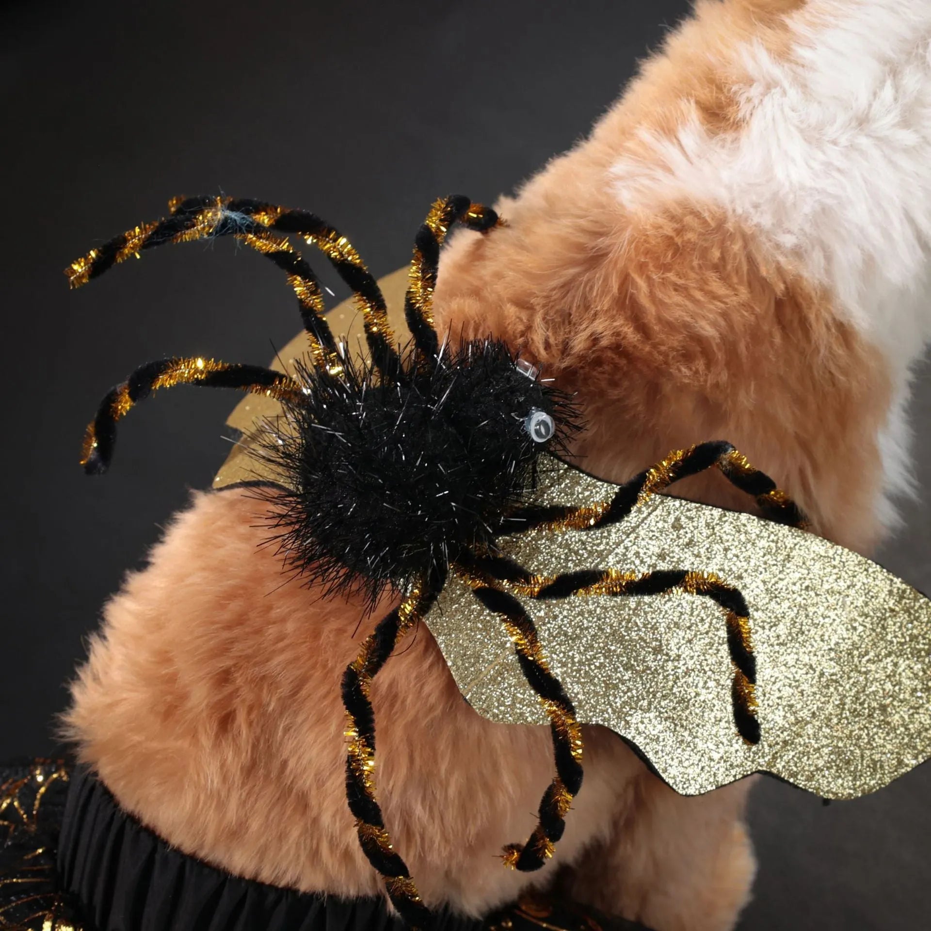 A dog wearing a colourful polyester Halloween suit costume, shown in size S, M, L, or XL.