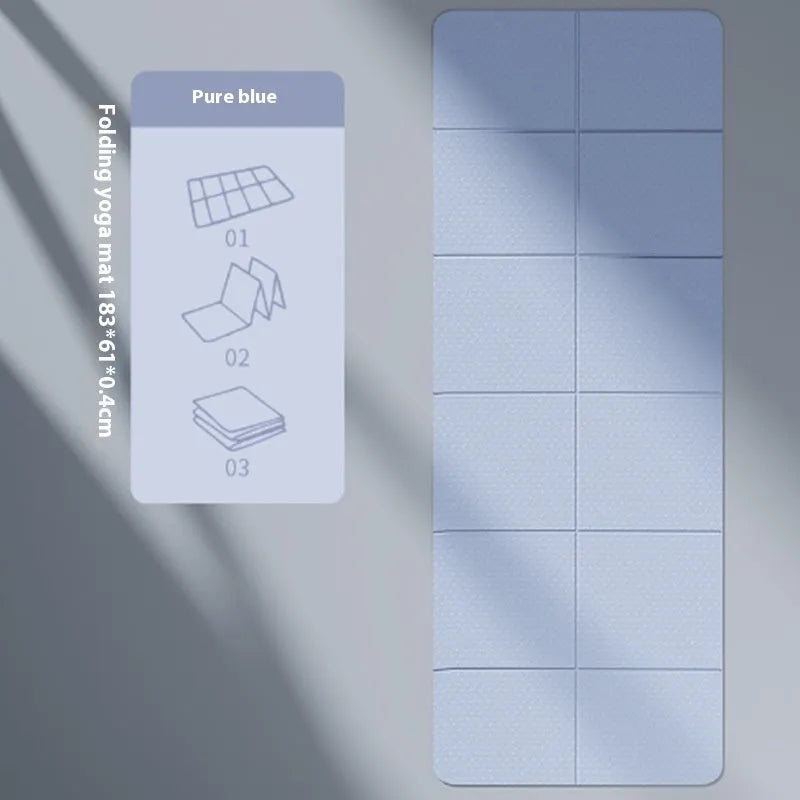 Folded and unfolded purple TPE gymnastic mat showing its six-fold design and non-slip surface texture.