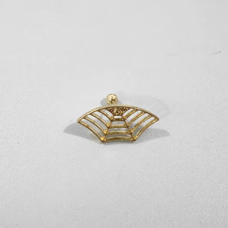 Geometric spider web stud earrings with mesh design in electroplated gold or silver metal finish.