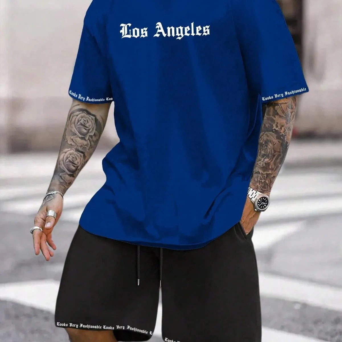 Men's blue short sleeve shirt and matching shorts casual sports outfit