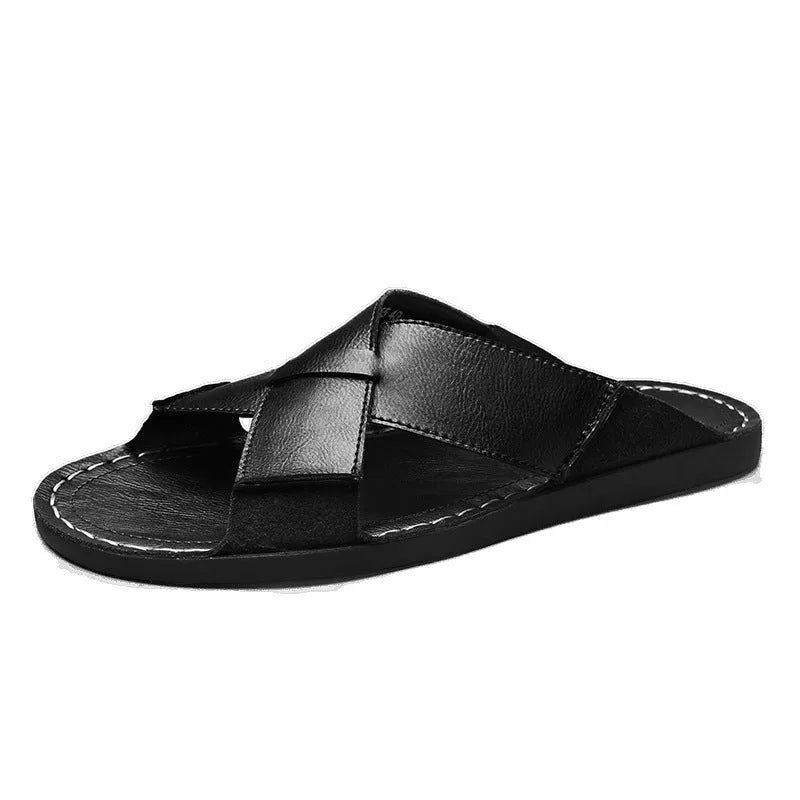 Men's black genuine leather slip-on sandals with frosted finish and sewn rubber sole