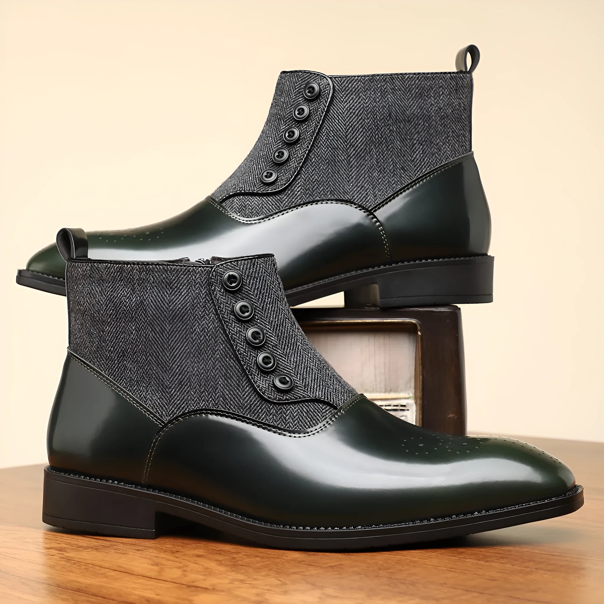 Men's brown retro formal shoes with side zipper closure and square toe
