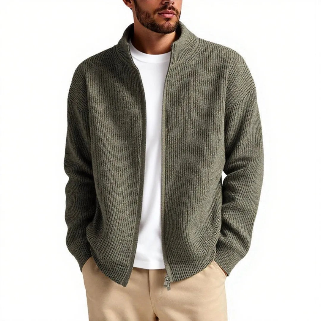 Man wearing a loose grey men's cardigan sweater coat for casual leisure wear