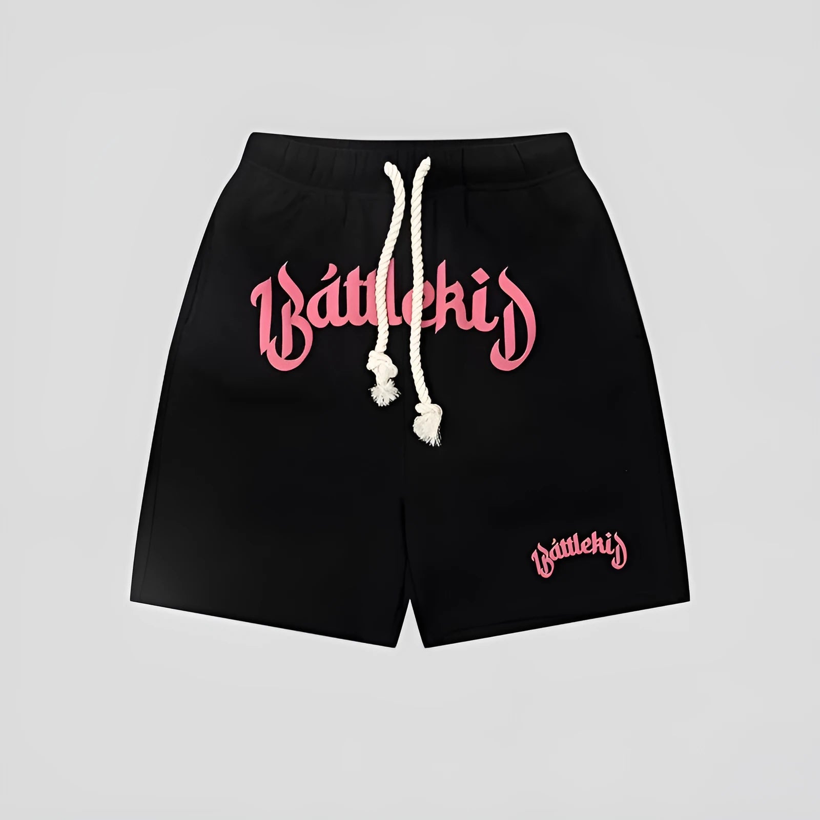 A pair of loose-fit black hip hop shorts made from cotton blend fabric on a mannequin.