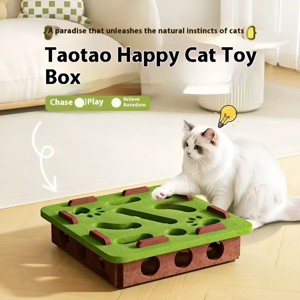 Handmade felt cat toy box with hole for paw interaction in camel white, gray, or green brown