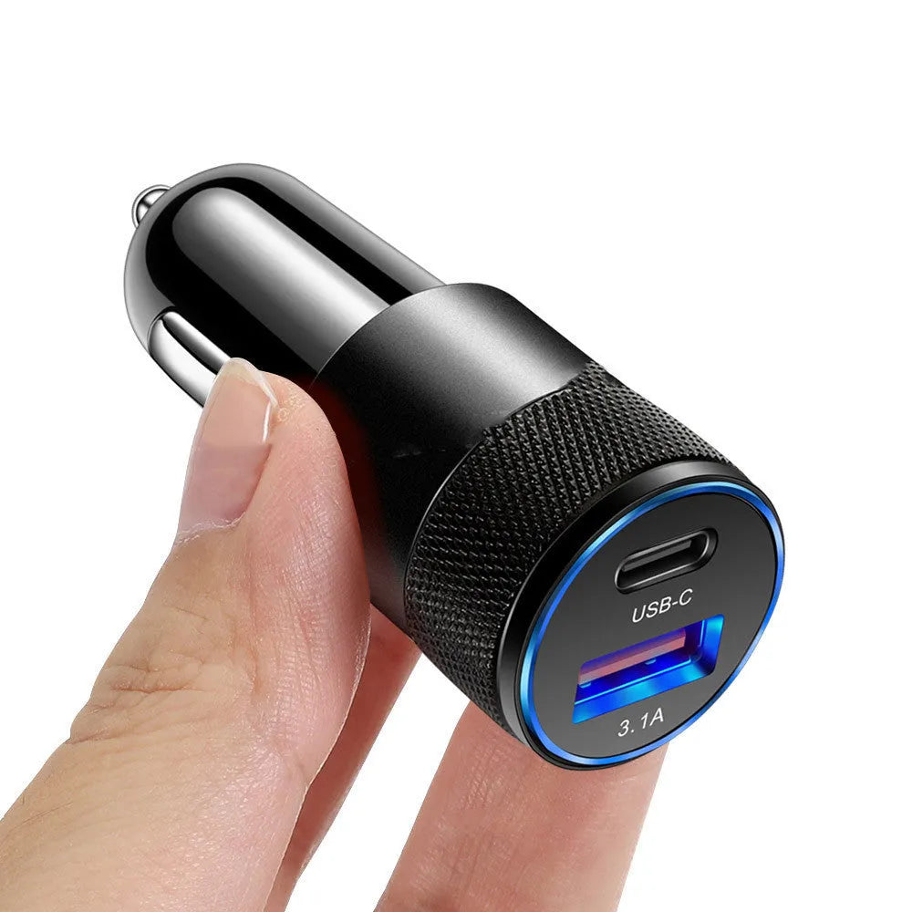 Aluminium alloy mobile phone car charger showing compact design and vehicle power connection
