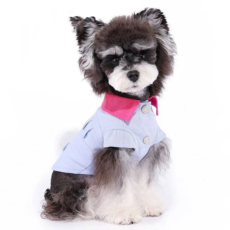 Blue and purple polyester dog vest for small breeds with integrated leash ring, sizes XXS to XXL