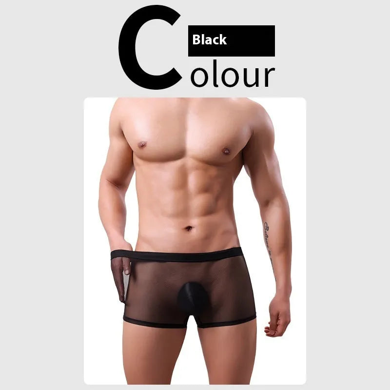 Men's mesh boxer briefs in breathable polyester fabric with low waist design