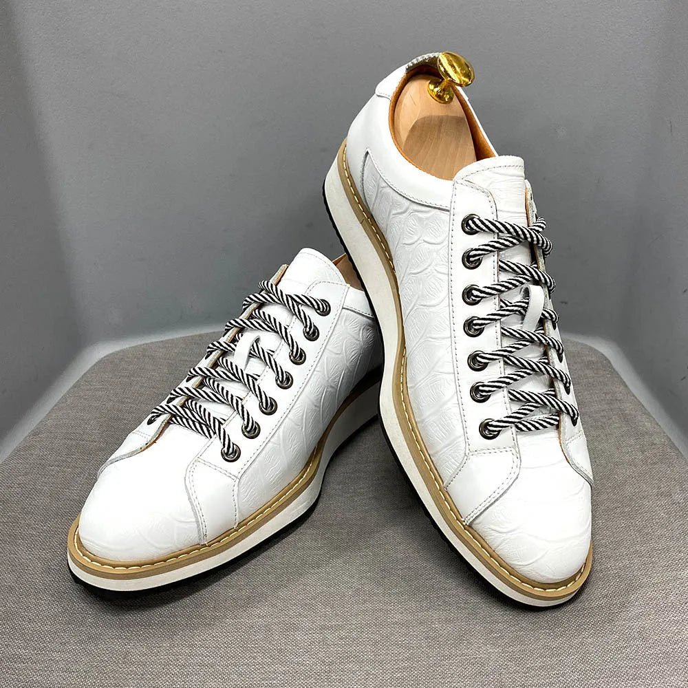 Men's low tube handmade shoes with embossed pattern and front tie closure in black green white and grey