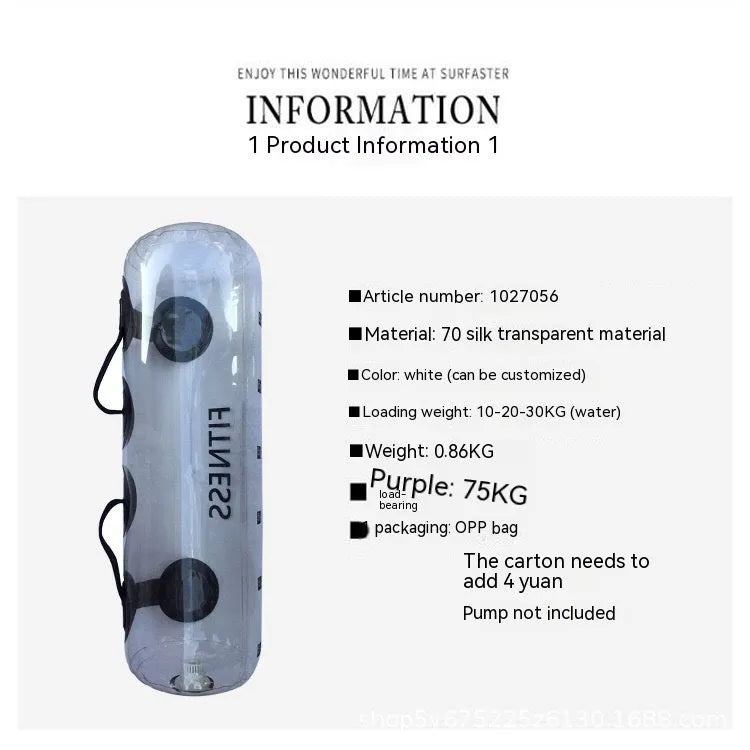 Transparent PVC inflatable weight lifting bag filled with water for adjustable strength training