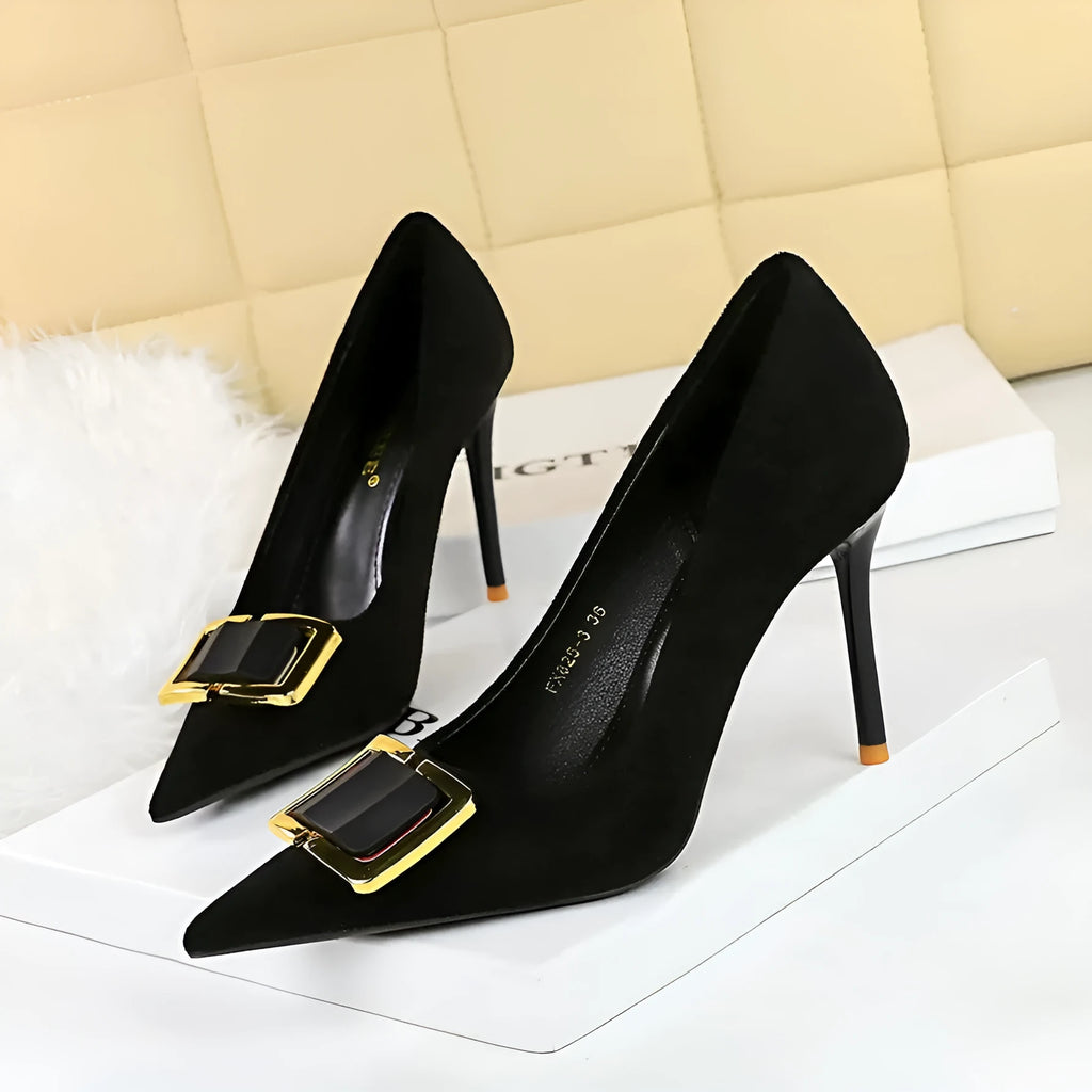 Black women's suede stiletto high heels with a 9cm heel and pointed toe.