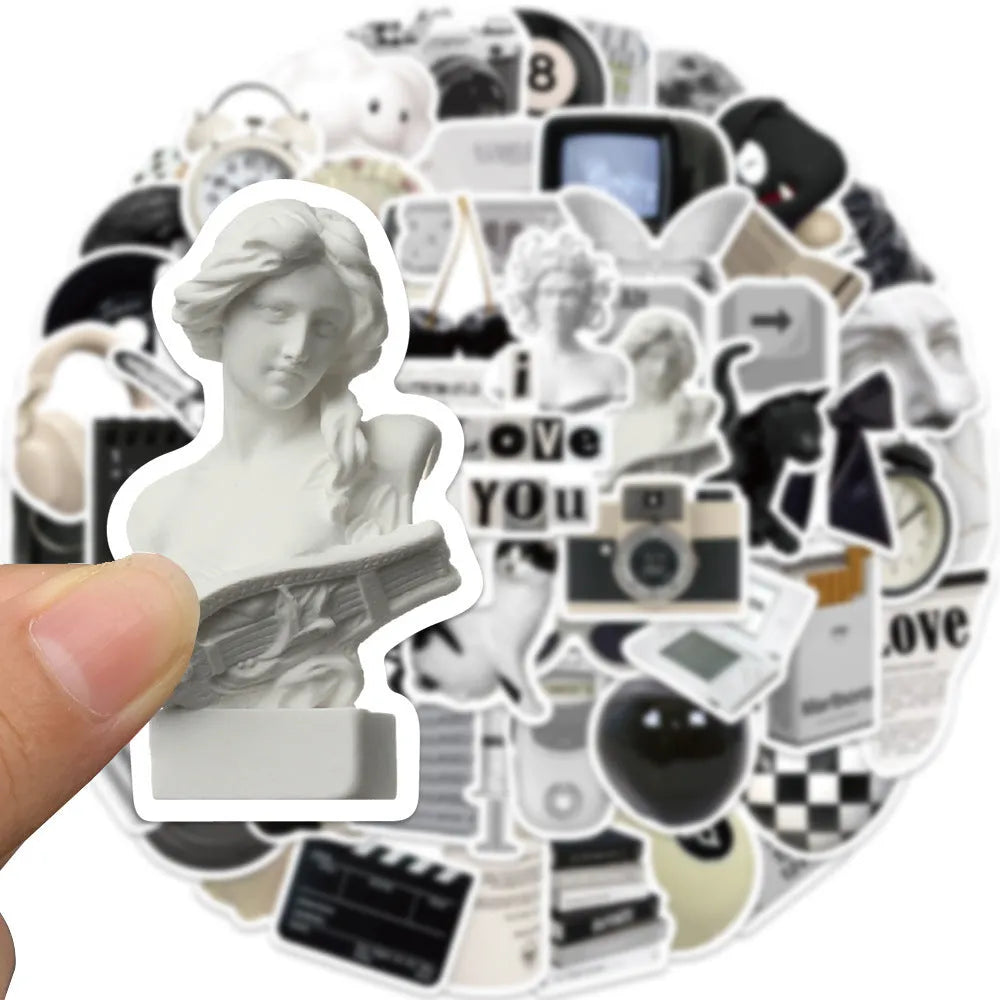 Set of 61 black and white simple style PVC waterproof vinyl stickers for laptops, cups, phones and guitars.