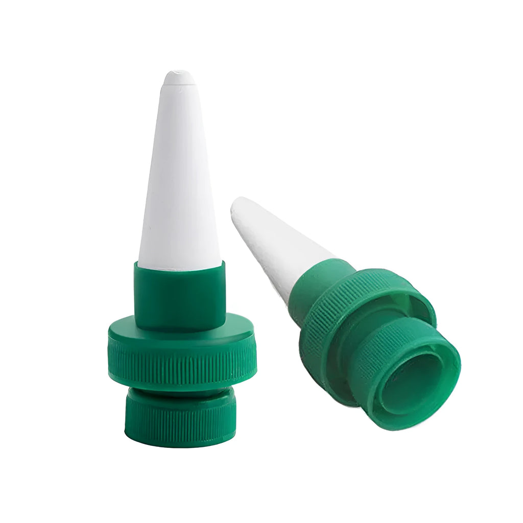 Green ceramic automatic water dripper device for attaching to a cola bottle for plant irrigation.